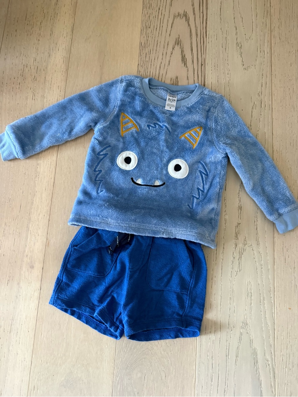 Carter's Light Blue Plush Monster Pajama Top with Royal Cat and Jack Blue Shorts